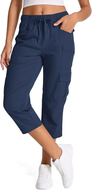 Womens Capris with Pockets Stretch Shorts Hiking Cargo Quick Dry Elastic Waist Long Shorts