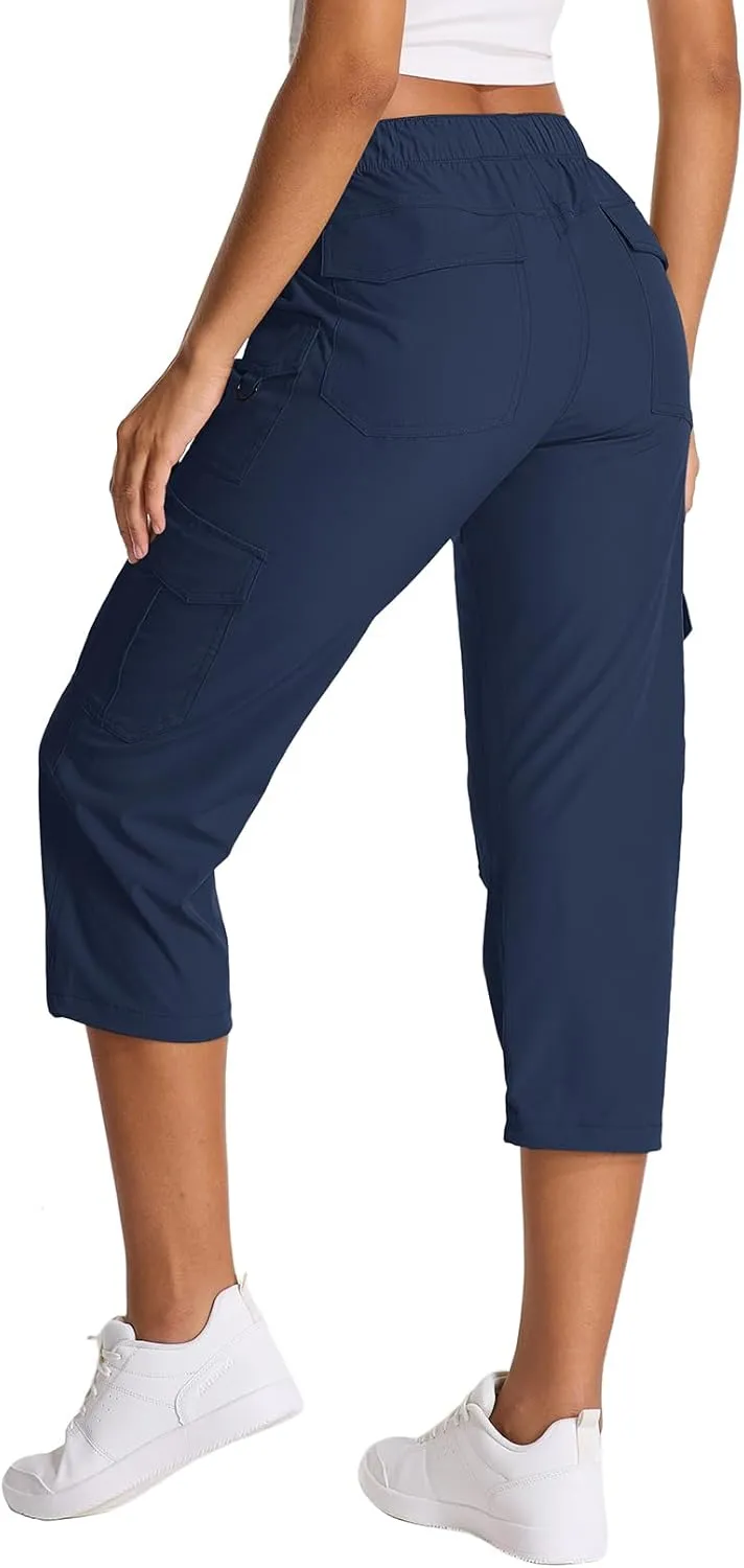 Womens Capris with Pockets Stretch Shorts Hiking Cargo Quick Dry Elastic Waist Long Shorts
