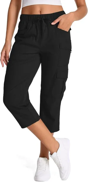 Womens Capris with Pockets Stretch Shorts Hiking Cargo Quick Dry Elastic Waist Long Shorts