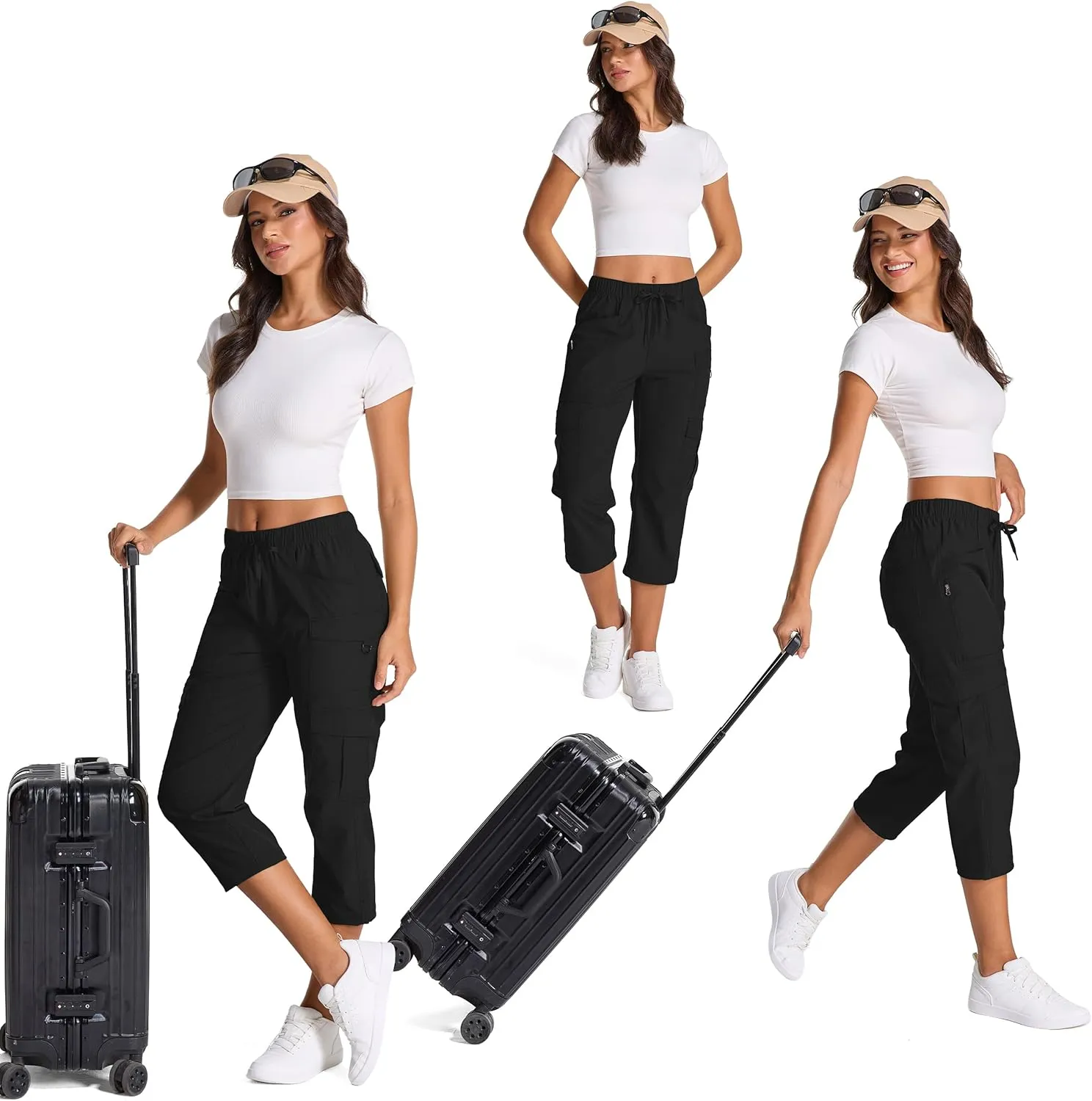 Womens Capris with Pockets Stretch Shorts Hiking Cargo Quick Dry Elastic Waist Long Shorts