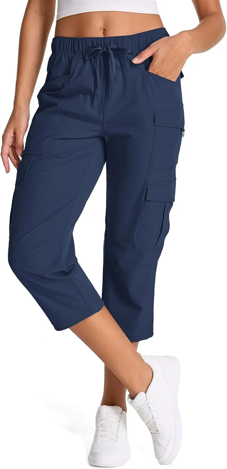 Womens Capris with Pockets Stretch Shorts Hiking Cargo Quick Dry Elastic Waist Long Shorts