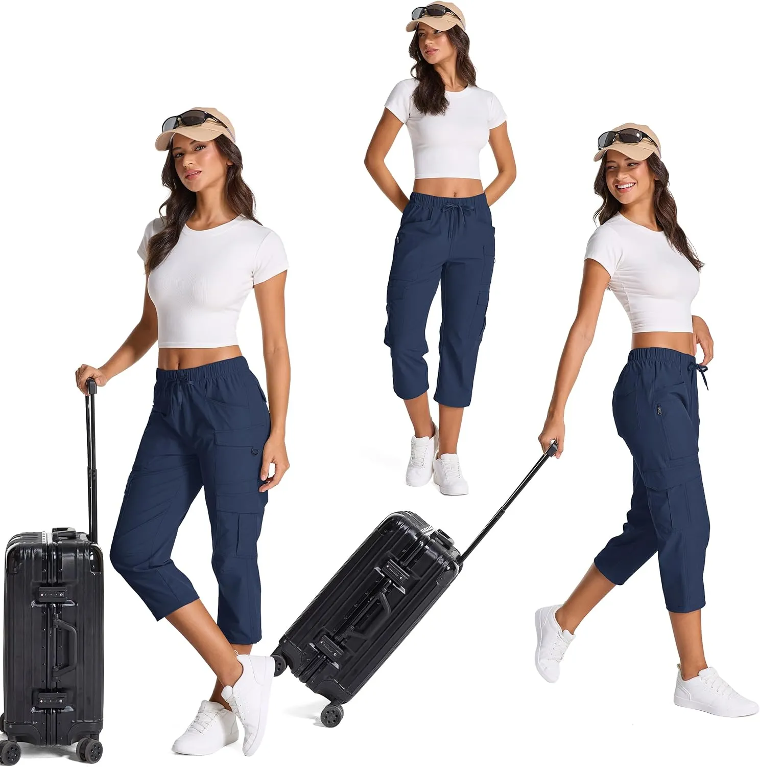 Womens Capris with Pockets Stretch Shorts Hiking Cargo Quick Dry Elastic Waist Long Shorts
