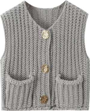 Womens Casual Chunky Knit Vest Gold Button Down Crop Crochet Sleeveless Sweater Vest