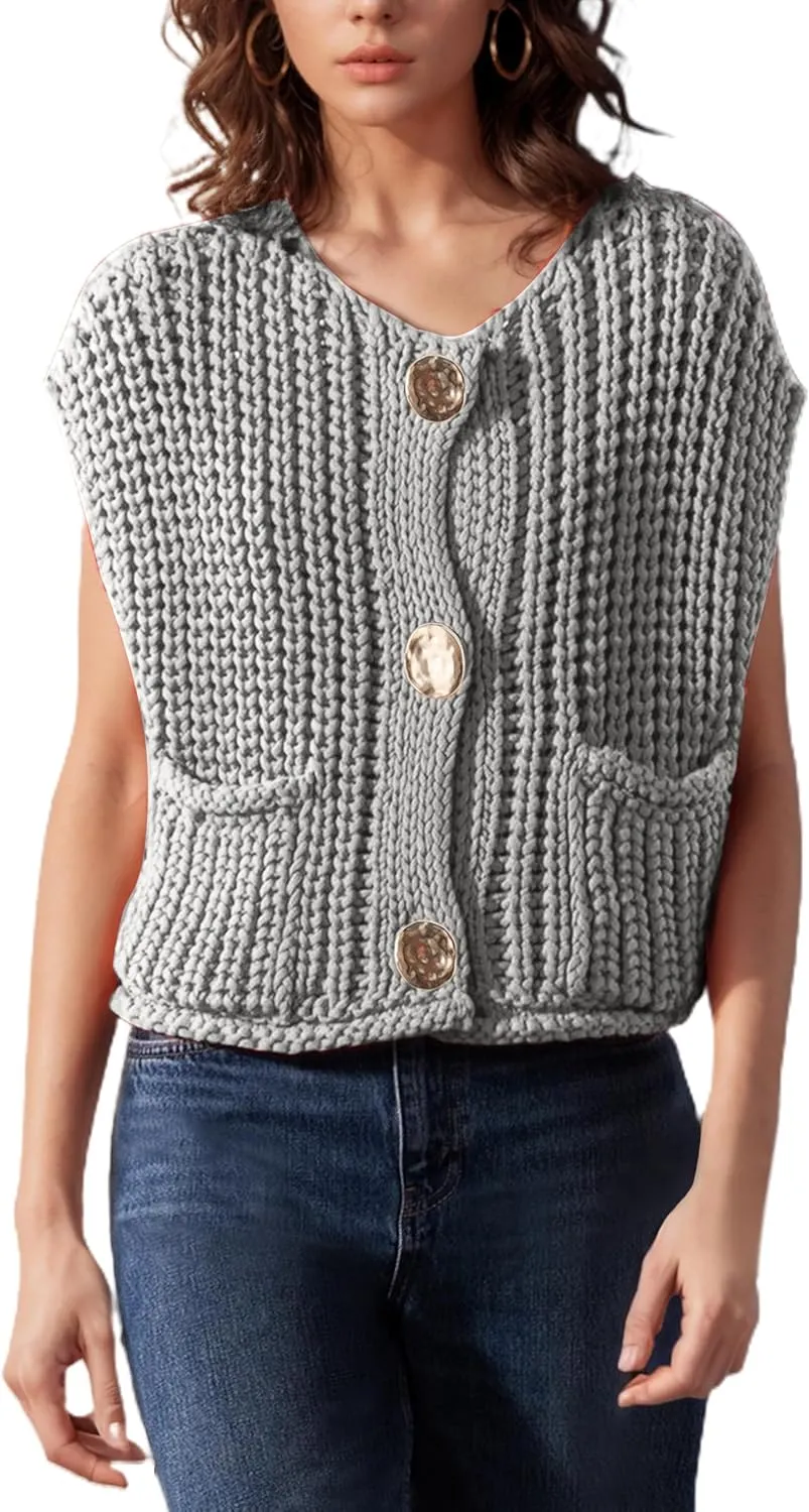 Womens Casual Chunky Knit Vest Gold Button Down Crop Crochet Sleeveless Sweater Vest