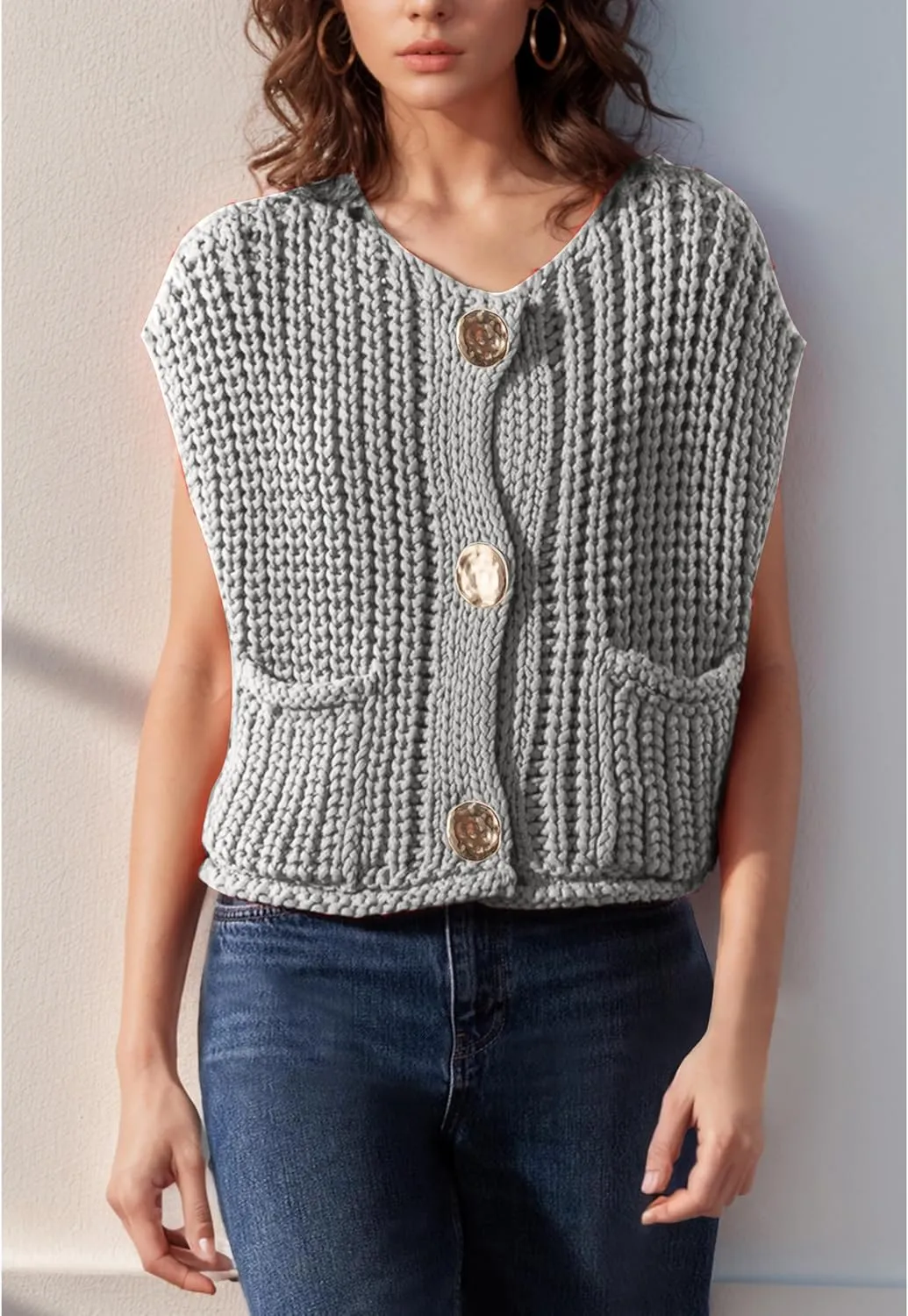 Womens Casual Chunky Knit Vest Gold Button Down Crop Crochet Sleeveless Sweater Vest