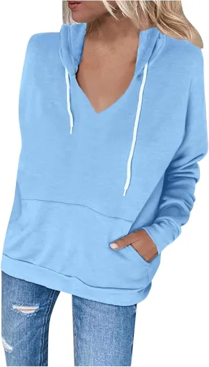 Women's Casual Lightweight Hoodies Long Sleeve v Neck Drawstring Hooded Sweatshirts Loose Pullovers With Pocket