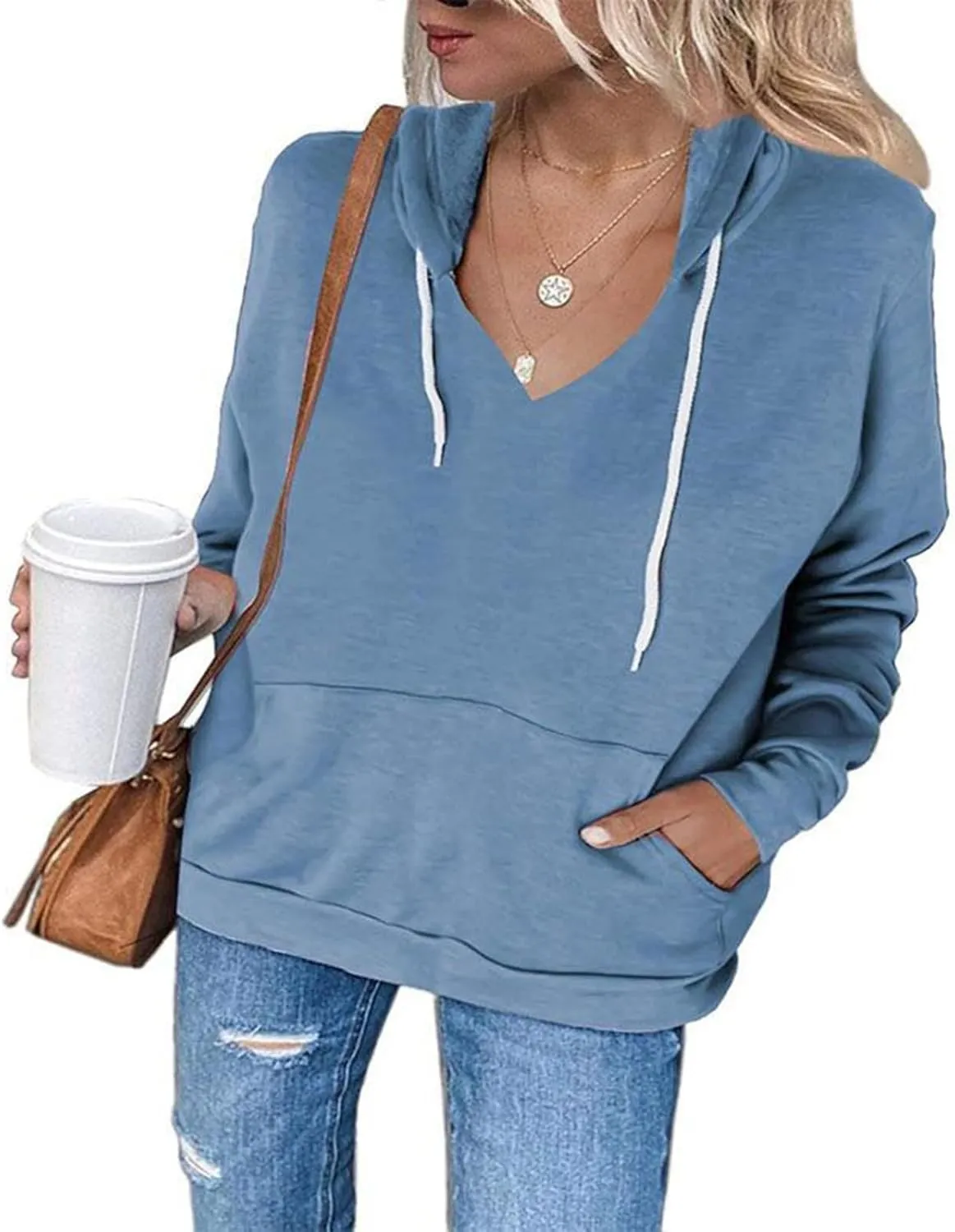 Women's Casual Lightweight Hoodies Long Sleeve v Neck Drawstring Hooded Sweatshirts Loose Pullovers With Pocket