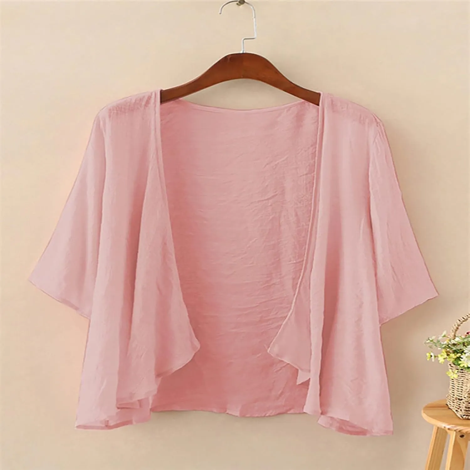 Women's Casual Linen Cotton Lightweight Open Front Cropped Cardigans Soft Ruffles Half Sleeve Sheer Cardigan (S-4XL)