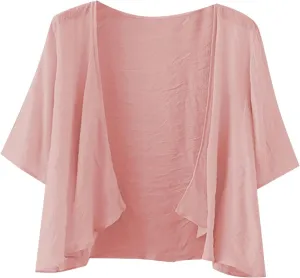 Women's Casual Linen Cotton Lightweight Open Front Cropped Cardigans Soft Ruffles Half Sleeve Sheer Cardigan (S-4XL)