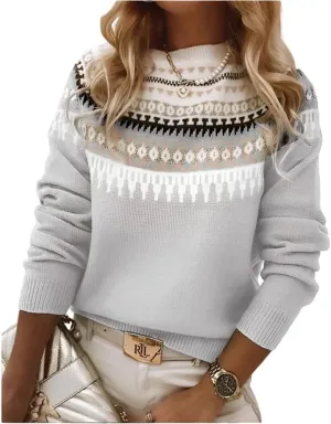 Women's Classic Fair Isle Pattern Knit Sweater 2024 Trendy Casual Loose Crewneck Long Sleeve Lightweight Jumper Tops