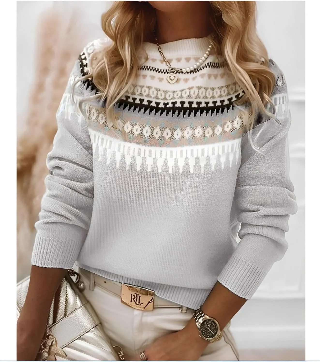 Women's Classic Fair Isle Pattern Knit Sweater 2024 Trendy Casual Loose Crewneck Long Sleeve Lightweight Jumper Tops