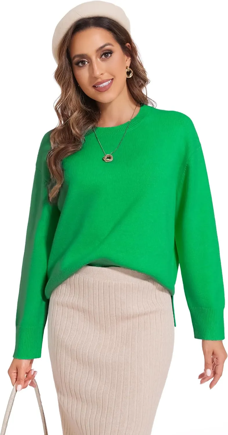 Women's Crewneck Long Sleeve Sweaters 2024 Fall Winter Loose Casual Ribbed Knit Side Slit Pullover Tops