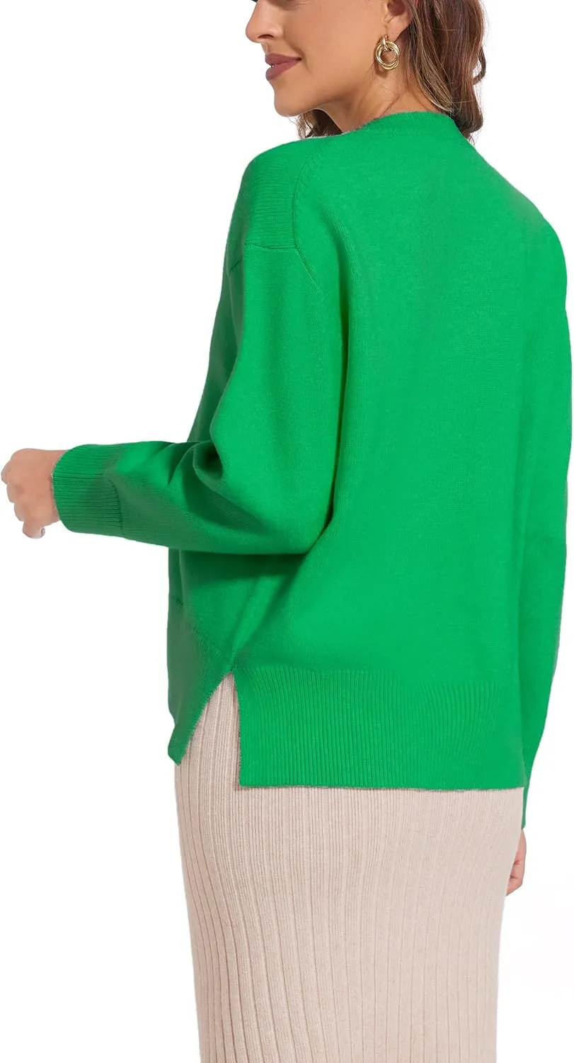 Women's Crewneck Long Sleeve Sweaters 2024 Fall Winter Loose Casual Ribbed Knit Side Slit Pullover Tops
