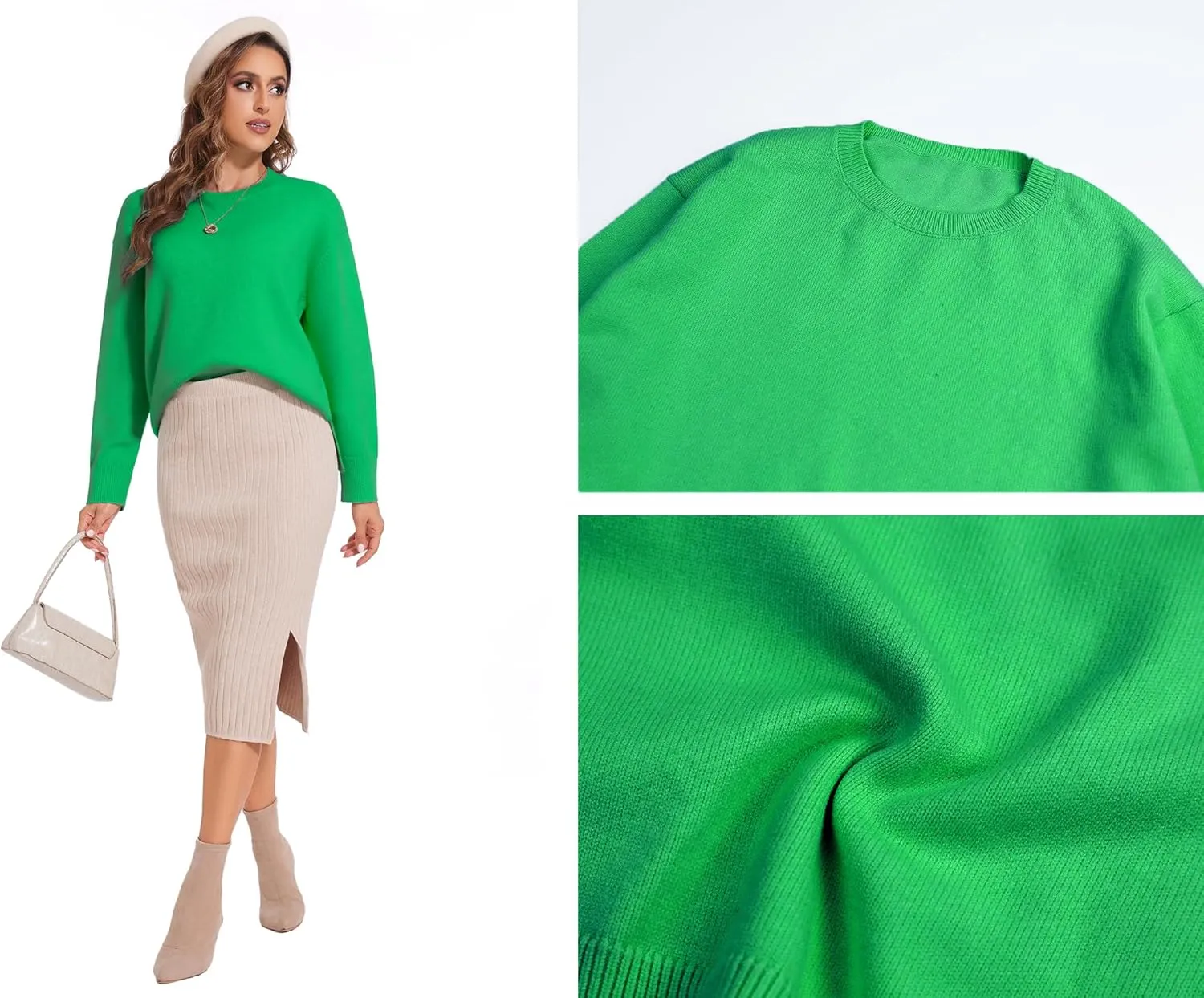 Women's Crewneck Long Sleeve Sweaters 2024 Fall Winter Loose Casual Ribbed Knit Side Slit Pullover Tops
