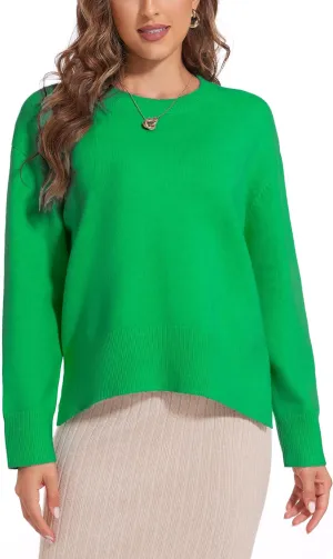 Women's Crewneck Long Sleeve Sweaters 2024 Fall Winter Loose Casual Ribbed Knit Side Slit Pullover Tops