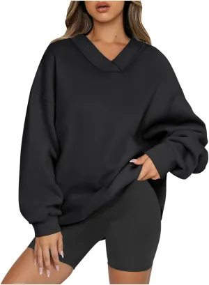 Women's Cute Oversized Hoodies,Casual V Neck Long Sleeve Fleece Sweatshirts Pullover Sweaters, Cute Basic Tops