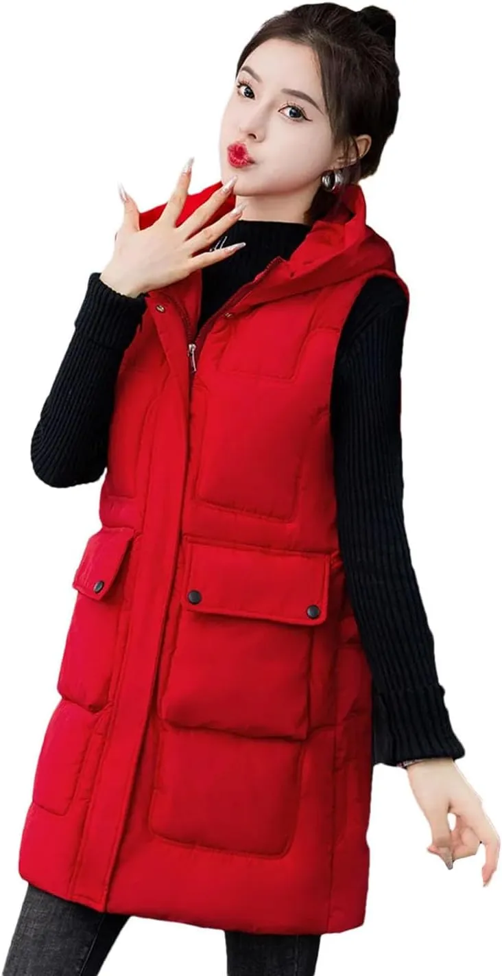 Womens Down Cotton Vests Winter Large Size Loose Cotton-Padded Waistcoat Long Outwear Sleeveless Coat Casual Jacket
