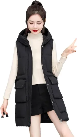 Womens Down Cotton Vests Winter Large Size Loose Cotton-Padded Waistcoat Long Outwear Sleeveless Coat Casual Jacket