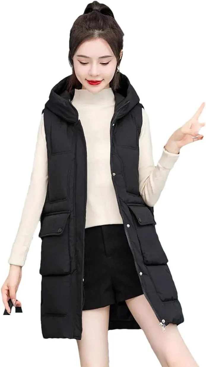 Womens Down Cotton Vests Winter Large Size Loose Cotton-Padded Waistcoat Long Outwear Sleeveless Coat Casual Jacket