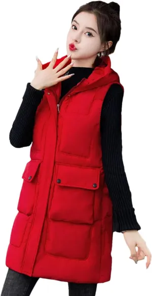 Womens Down Cotton Vests Winter Large Size Loose Cotton-Padded Waistcoat Long Outwear Sleeveless Coat Casual Jacket