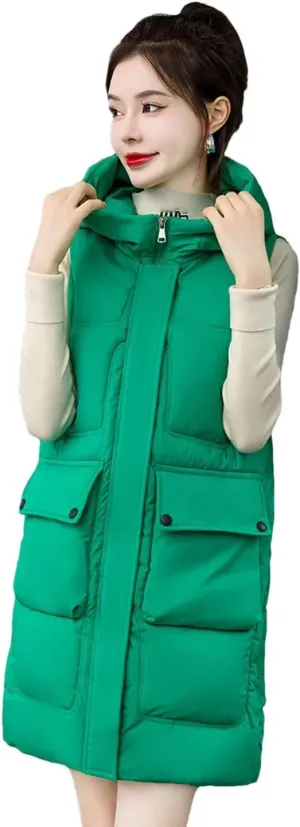 Womens Down Cotton Vests Winter Large Size Loose Cotton-Padded Waistcoat Long Outwear Sleeveless Coat Casual Jacket