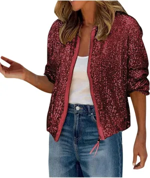 Womens Glitter Sequin Jacket Sparkly Long Sleeve Collarless Front Zip Casual Blazer Bomber Jackets Going Out Party Coat