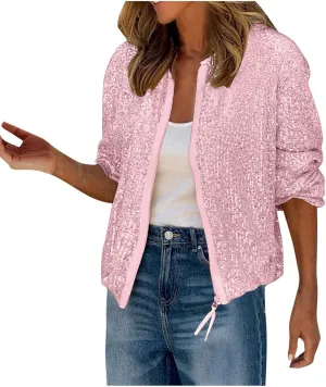 Womens Glitter Sequin Jacket Sparkly Long Sleeve Collarless Front Zip Casual Blazer Bomber Jackets Going Out Party Coat