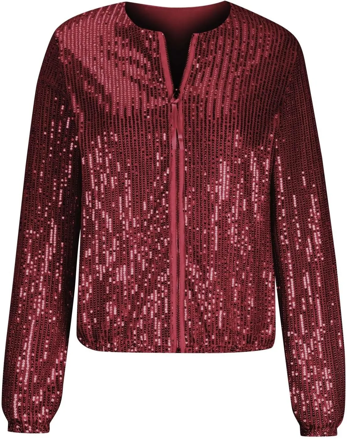 Womens Glitter Sequin Jacket Sparkly Long Sleeve Collarless Front Zip Casual Blazer Bomber Jackets Going Out Party Coat
