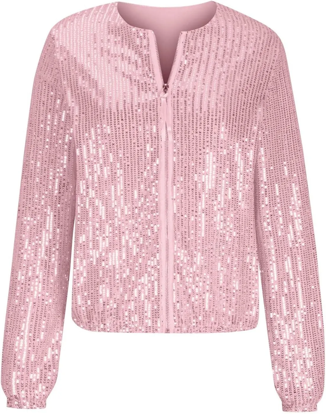 Womens Glitter Sequin Jacket Sparkly Long Sleeve Collarless Front Zip Casual Blazer Bomber Jackets Going Out Party Coat