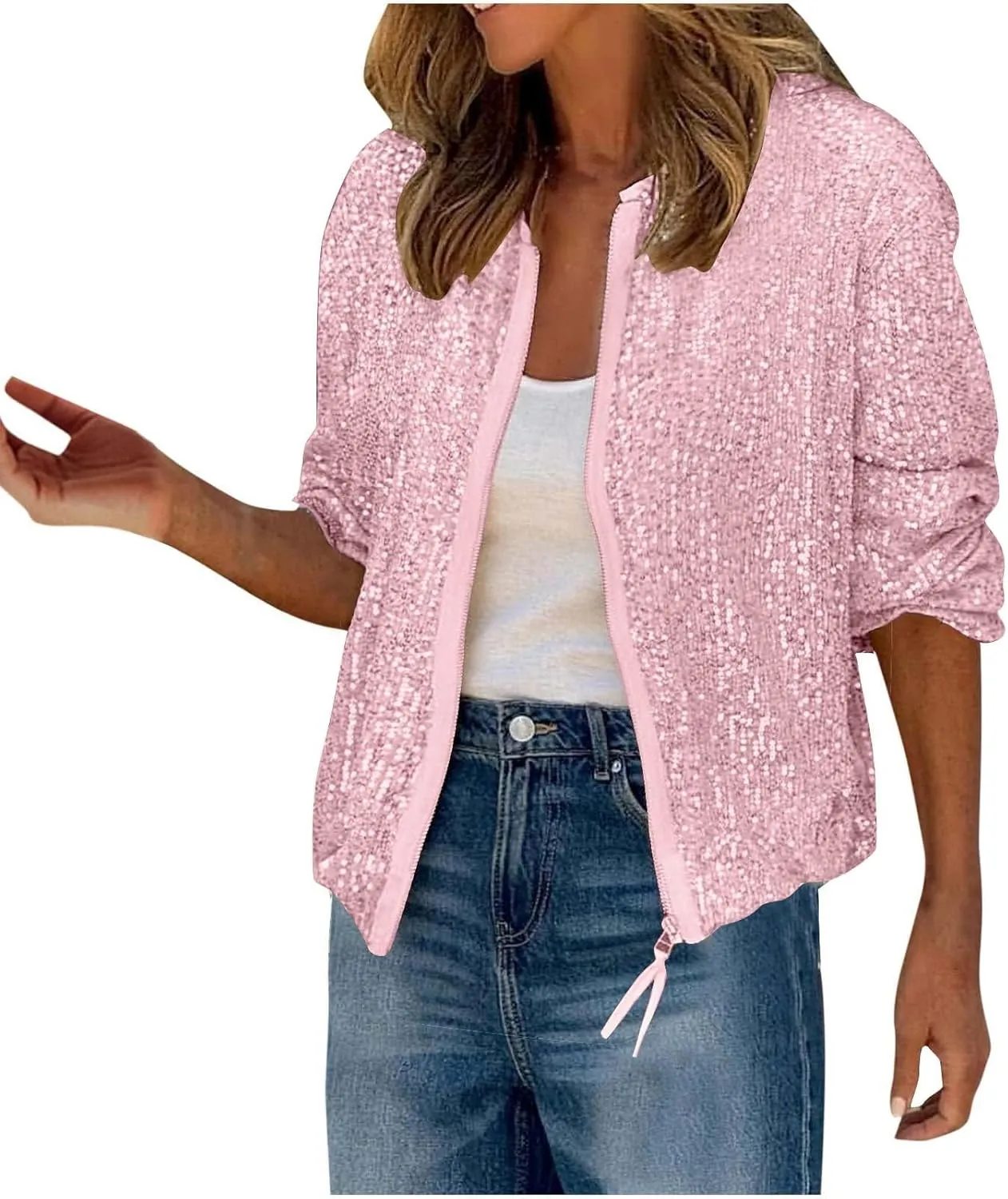 Womens Glitter Sequin Jacket Sparkly Long Sleeve Collarless Front Zip Casual Blazer Bomber Jackets Going Out Party Coat