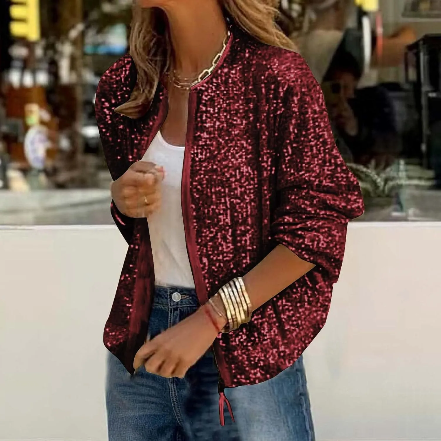 Womens Glitter Sequin Jacket Sparkly Long Sleeve Collarless Front Zip Casual Blazer Bomber Jackets Going Out Party Coat