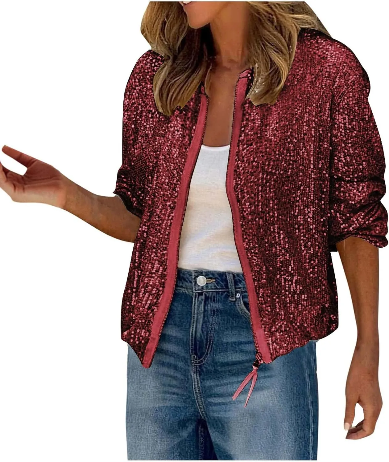 Womens Glitter Sequin Jacket Sparkly Long Sleeve Collarless Front Zip Casual Blazer Bomber Jackets Going Out Party Coat