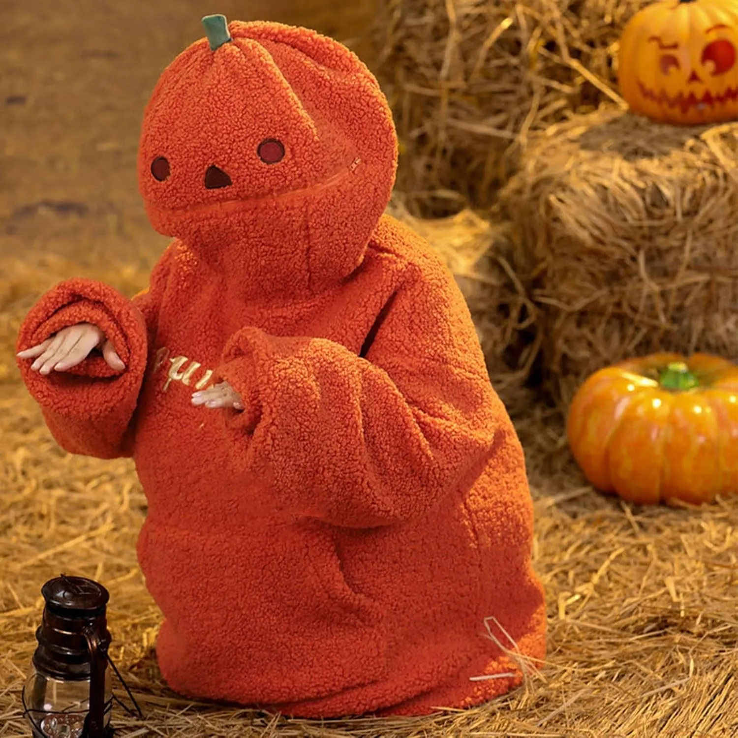 Womens Halloween Costumes Funny Pumpkin Face Hoodie Cute Plush Pullover Sweaters with Pocket Oversized Sweatshirt