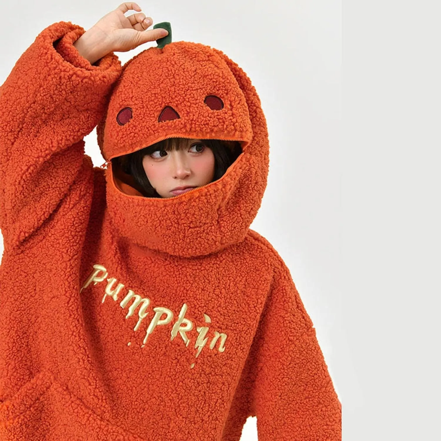 Womens Halloween Costumes Funny Pumpkin Face Hoodie Cute Plush Pullover Sweaters with Pocket Oversized Sweatshirt