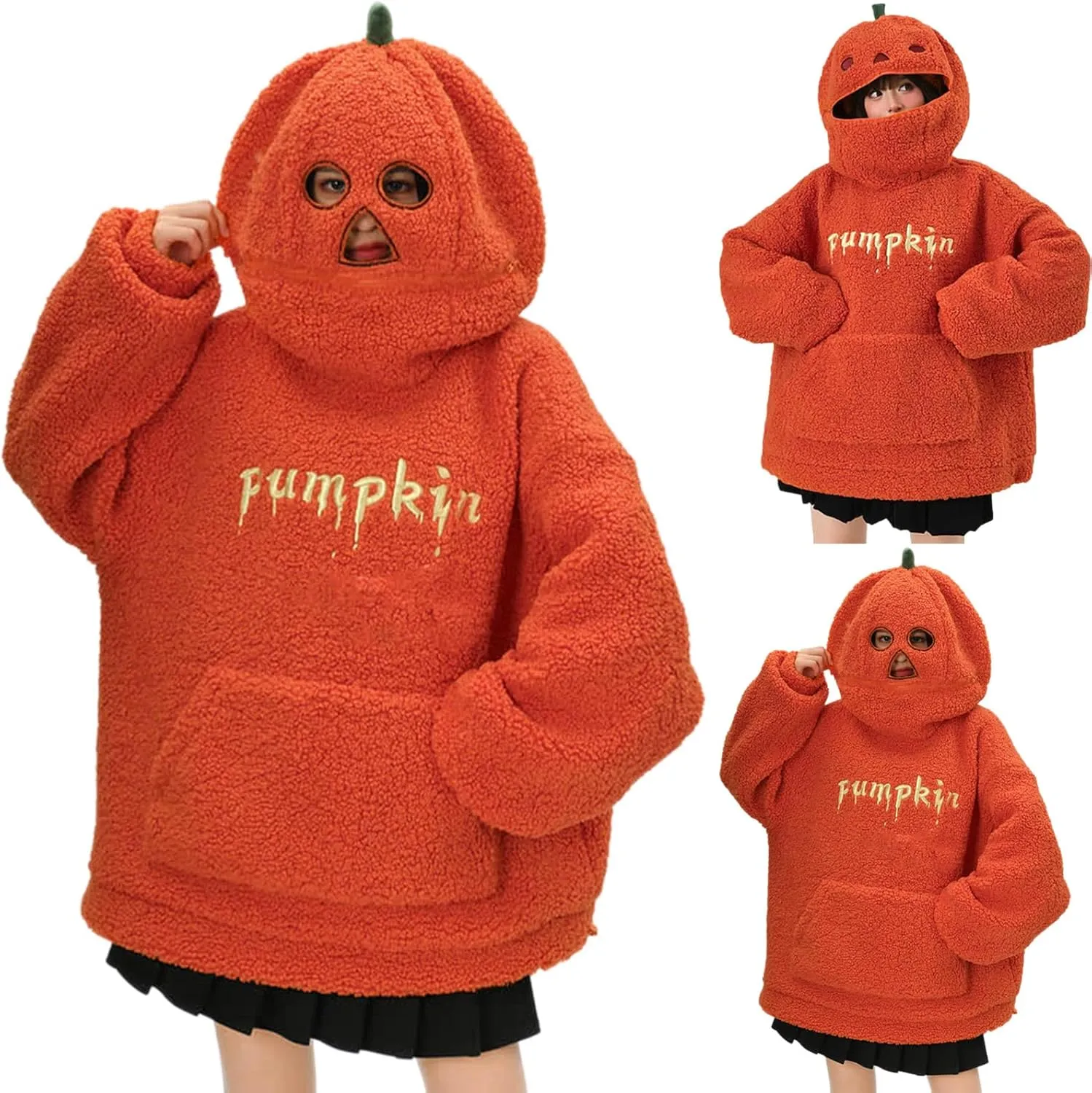 Womens Halloween Costumes Funny Pumpkin Face Hoodie Cute Plush Pullover Sweaters with Pocket Oversized Sweatshirt