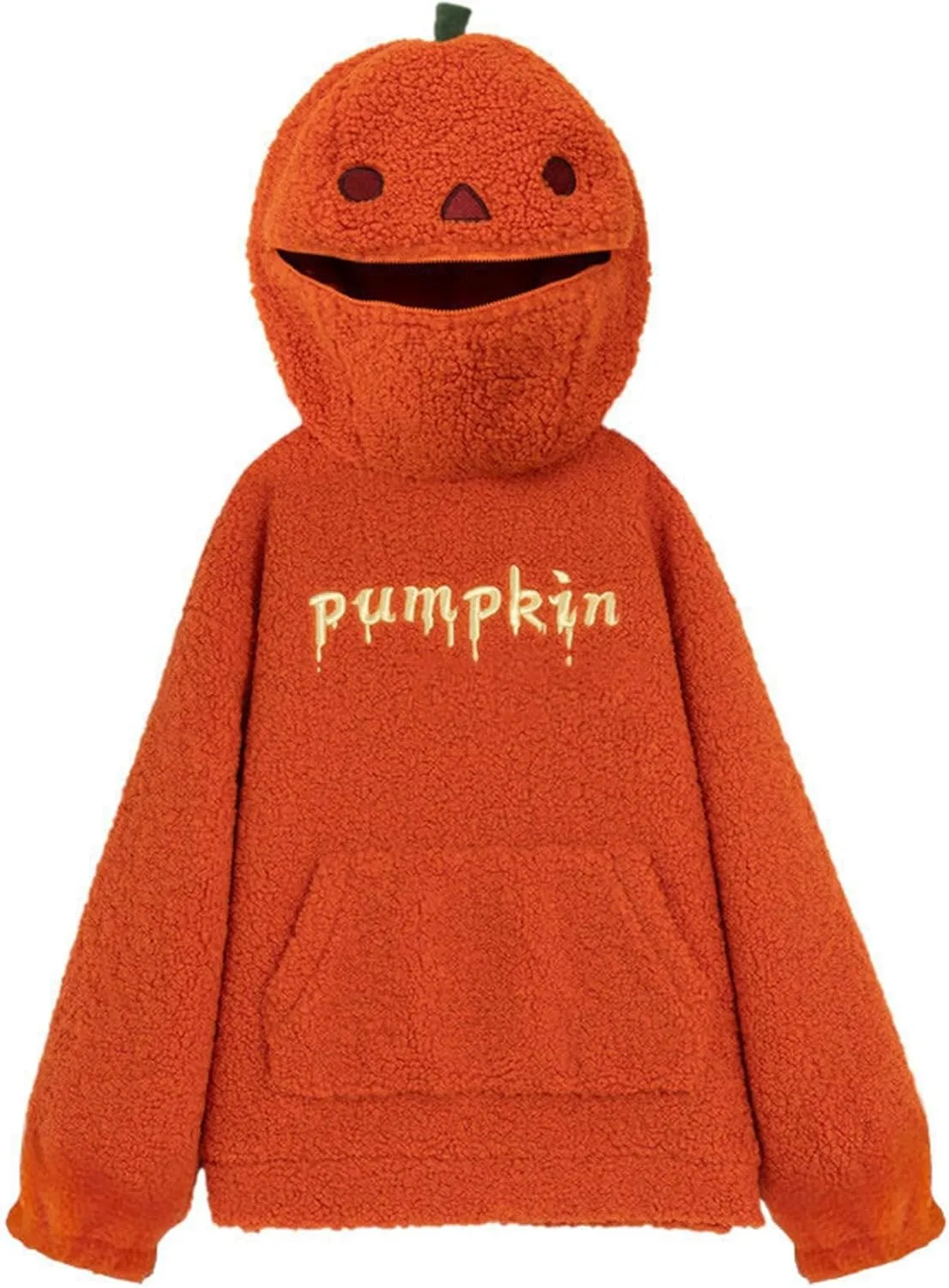 Womens Halloween Costumes Funny Pumpkin Face Hoodie Cute Plush Pullover Sweaters with Pocket Oversized Sweatshirt
