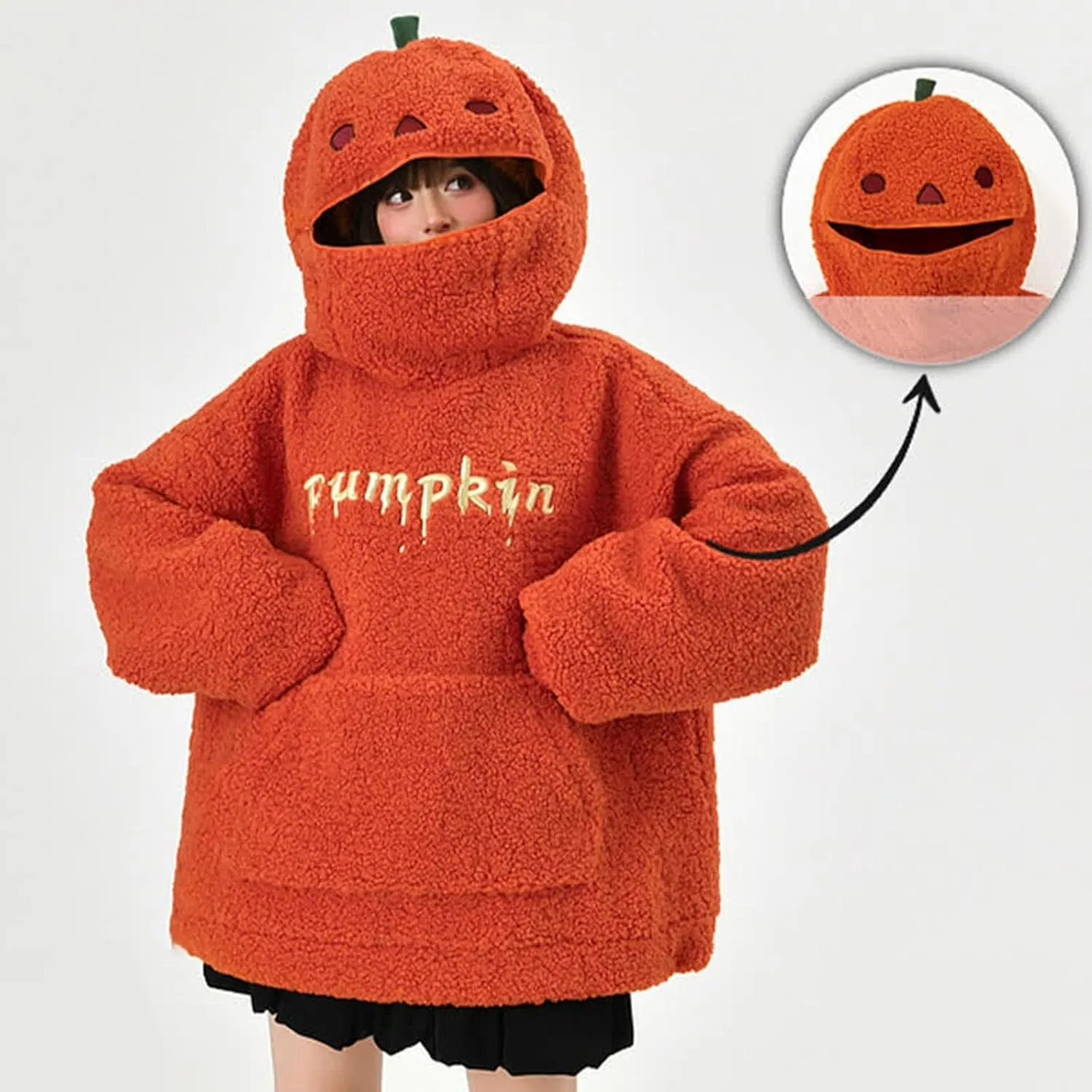 Womens Halloween Costumes Funny Pumpkin Face Hoodie Cute Plush Pullover Sweaters with Pocket Oversized Sweatshirt
