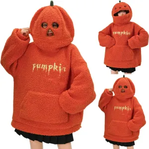 Womens Halloween Costumes Funny Pumpkin Face Hoodie Cute Plush Pullover Sweaters with Pocket Oversized Sweatshirt