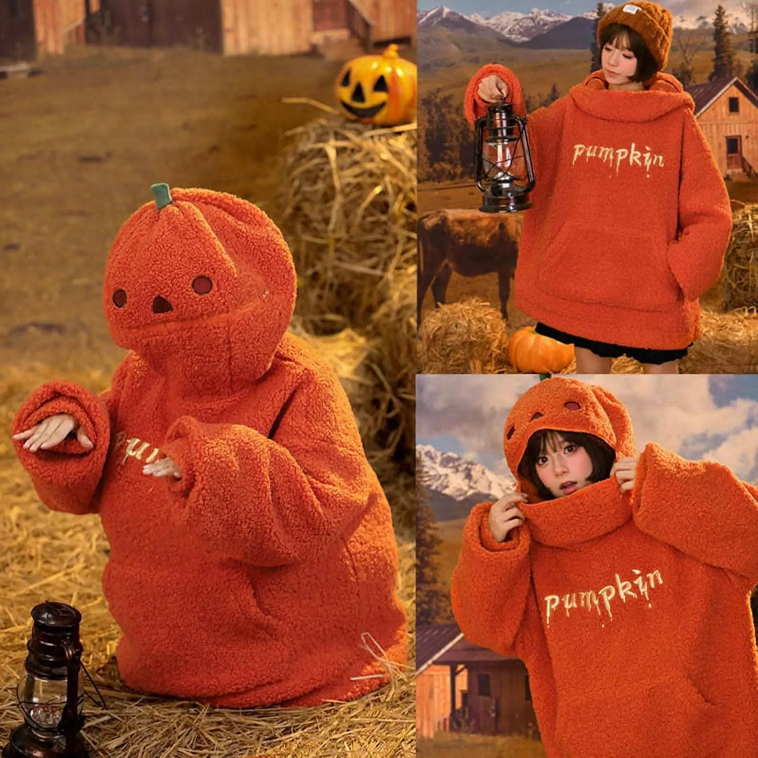 Womens Halloween Costumes Funny Pumpkin Face Hoodie Cute Plush Pullover Sweaters with Pocket Oversized Sweatshirt