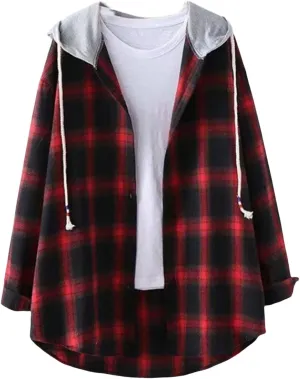 Womens Hoodies Flannel Coats Long Sleeve Classic Plaid Button Down Drawstring Shirts with Pockets Casual Outfits