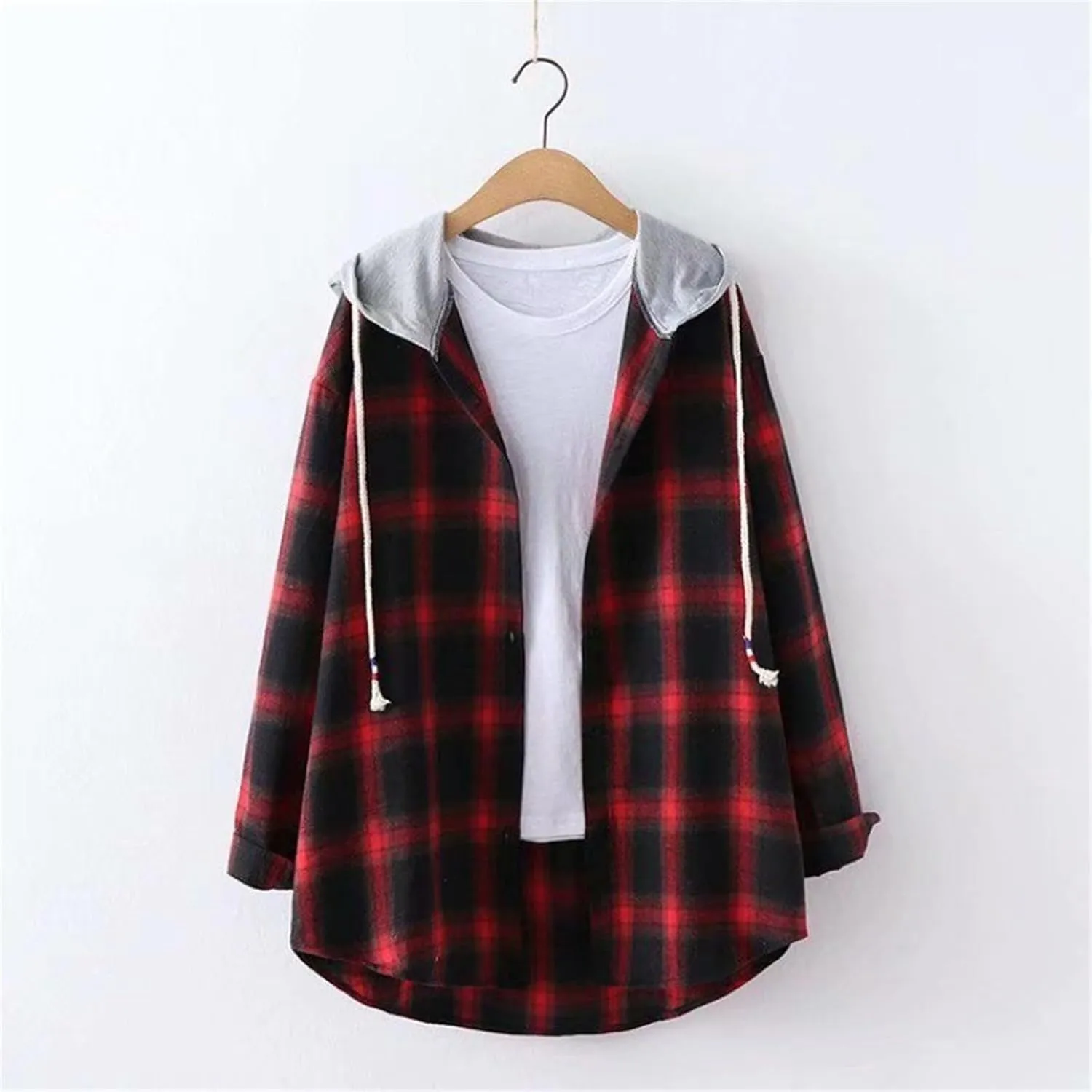 Womens Hoodies Flannel Coats Long Sleeve Classic Plaid Button Down Drawstring Shirts with Pockets Casual Outfits