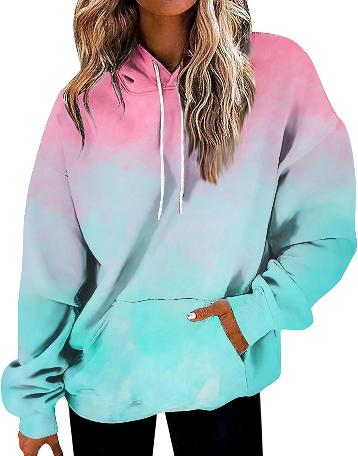 Womens Hoodies Long Sleeve Loose Sweatshirt Graphic Top Drawstring Pullover Hooded Hoodie Fall Outfits with Pocket