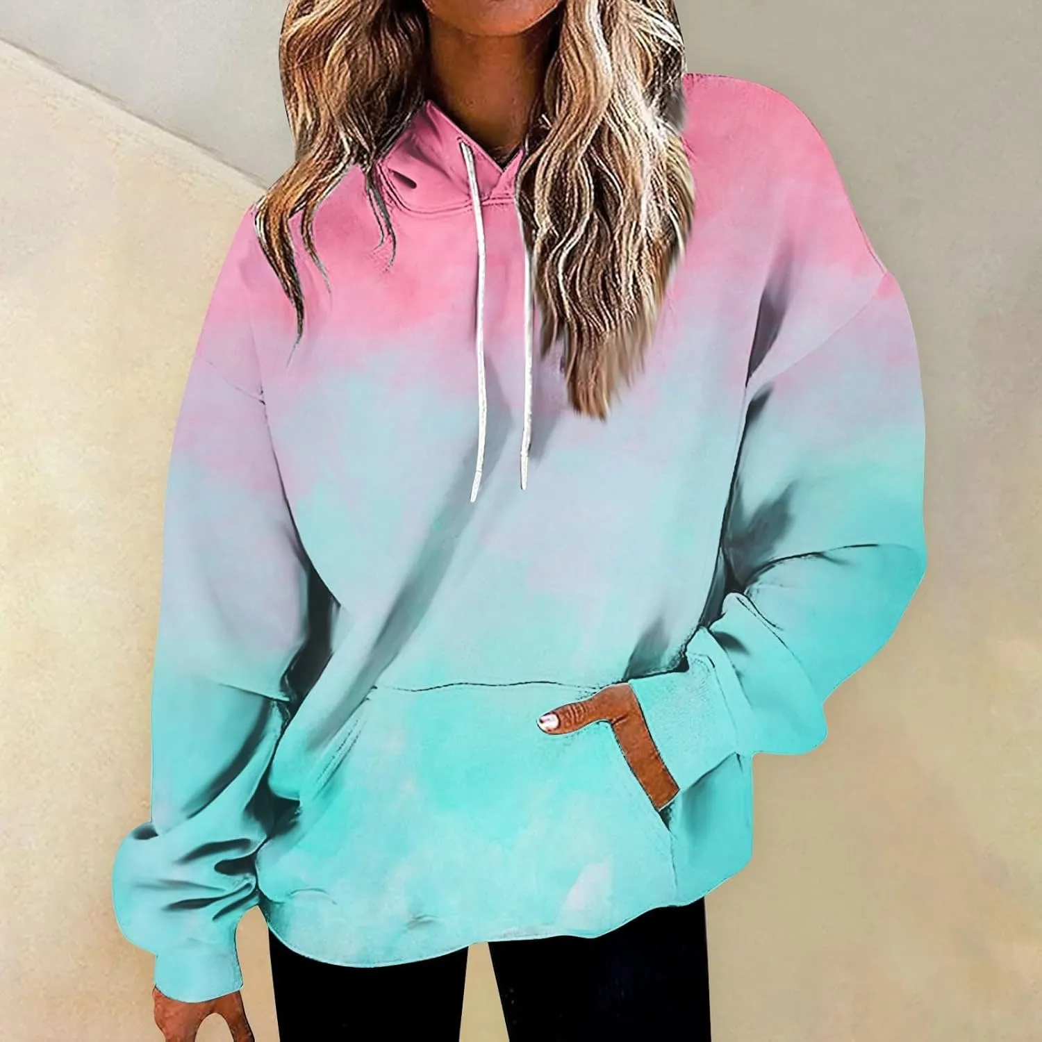 Womens Hoodies Long Sleeve Loose Sweatshirt Graphic Top Drawstring Pullover Hooded Hoodie Fall Outfits with Pocket
