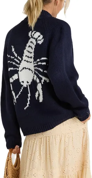 Women's Lobster Print Cardigan Sweaters Chunky Knit Long Sleeve Open Front Button Varsity Cardigans