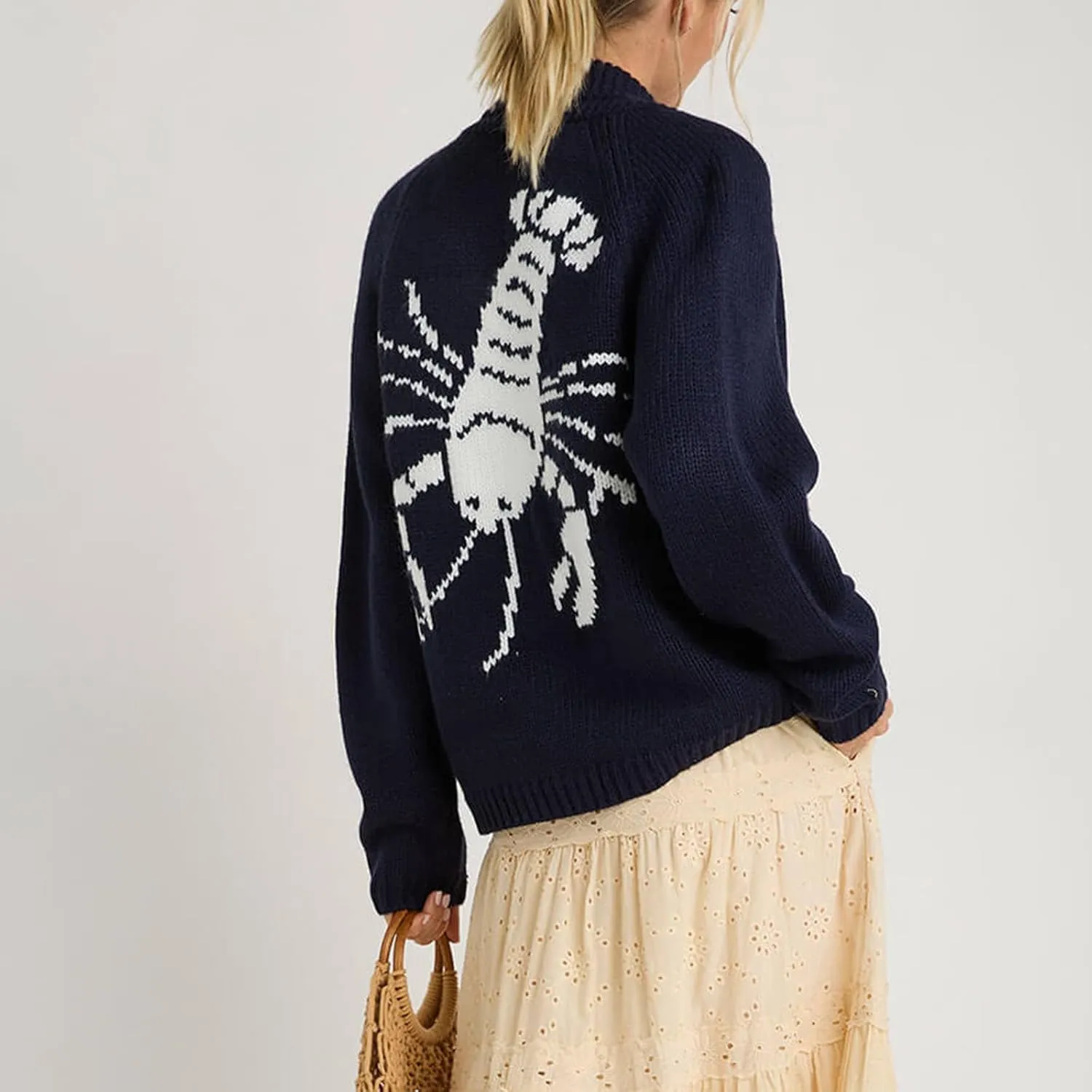 Women's Lobster Print Cardigan Sweaters Chunky Knit Long Sleeve Open Front Button Varsity Cardigans