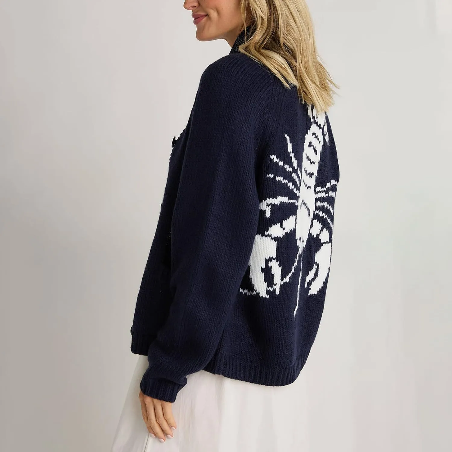 Women's Lobster Print Cardigan Sweaters Chunky Knit Long Sleeve Open Front Button Varsity Cardigans