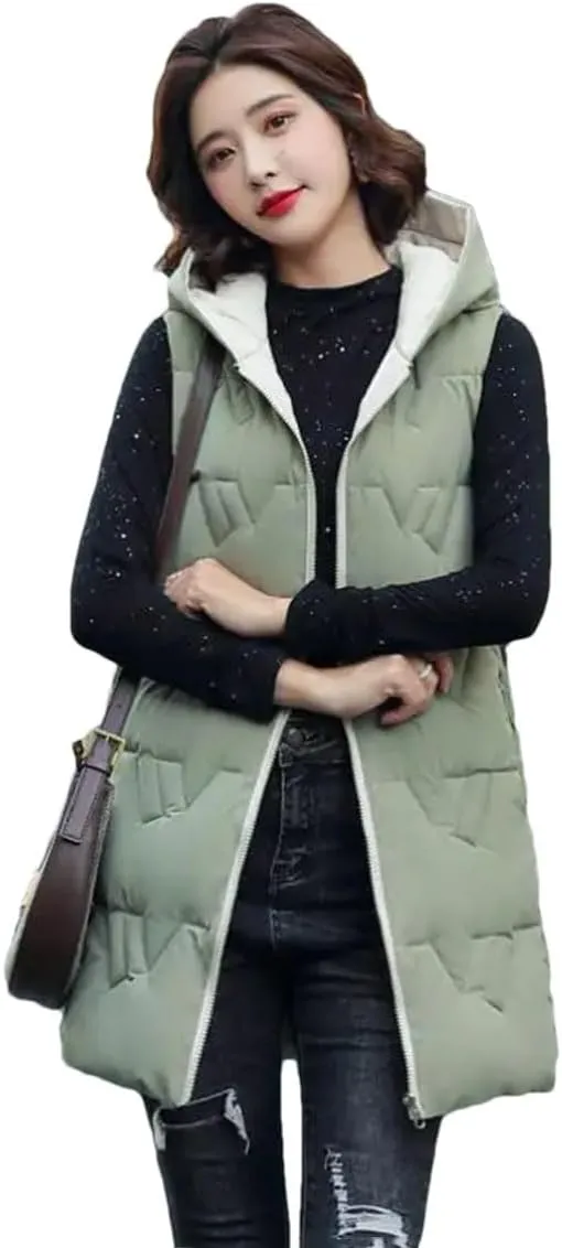 Women's Long Hooded Cotton Vest Padded Waistcoat Double-Sided Down Warm Winter Vest