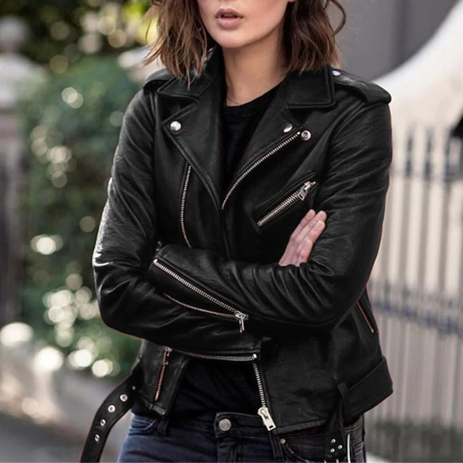 Women's Oversized Fashion Faux Leather Jackets Solid Color Long Sleeve Zipper Fitted Artificial Leather Blazer Coats