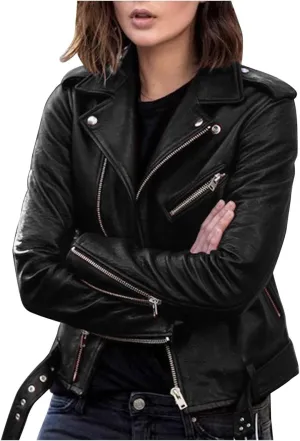 Women's Oversized Fashion Faux Leather Jackets Solid Color Long Sleeve Zipper Fitted Artificial Leather Blazer Coats