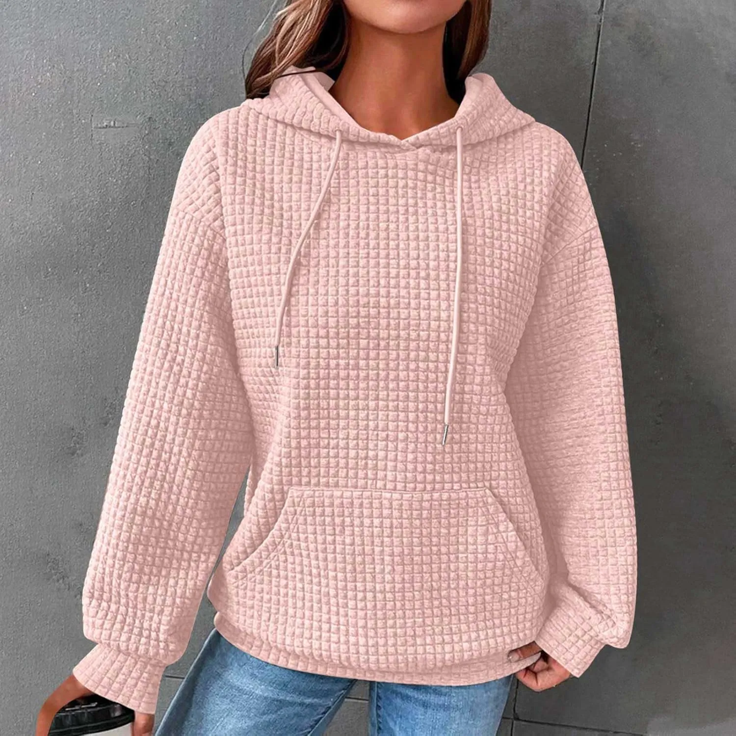 Womens Oversized Hooded Sweatshirts Lightweight Quilted Pullover Hoodies Long Sleeve Dressy Casual Top Fall Outfits